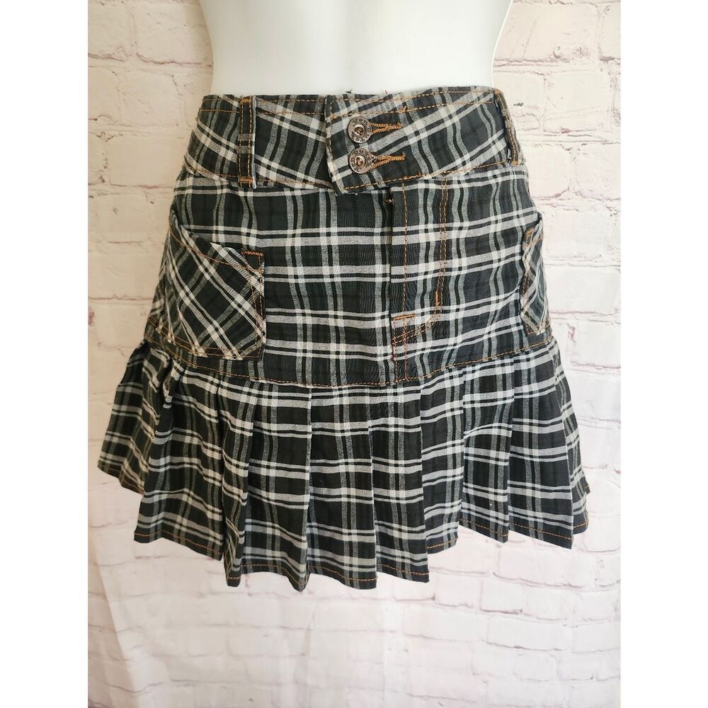 Y2K Kustommade Von Dutch Plaid Pleated Mini Skirt Sz.M w/Patch Vintage Original